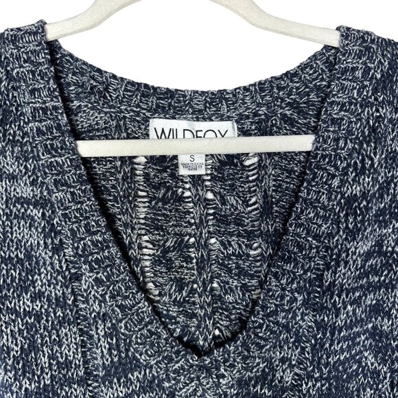 Wildfox Nancy Oxford Distressed Sweater Size Small Rib-Knit V Neck Navy Blue - Picture 6 of 8